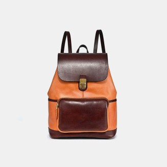 Vintage contrast color large capacity leather backpack