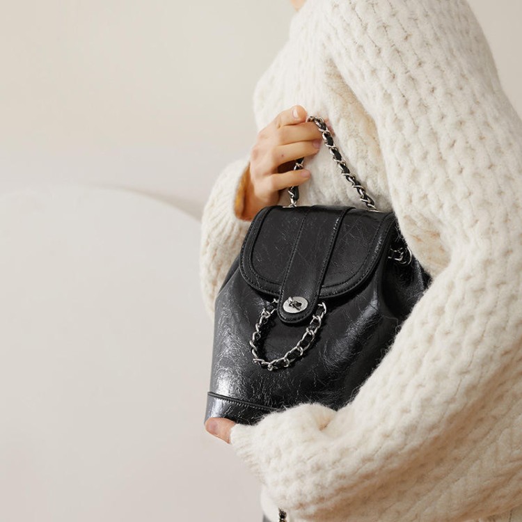 Small mini drawstring bucket flip backpack