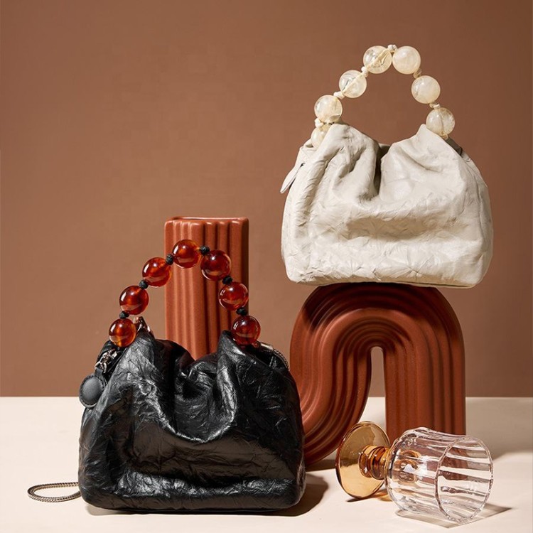 Vintage beaded satin leather handbag