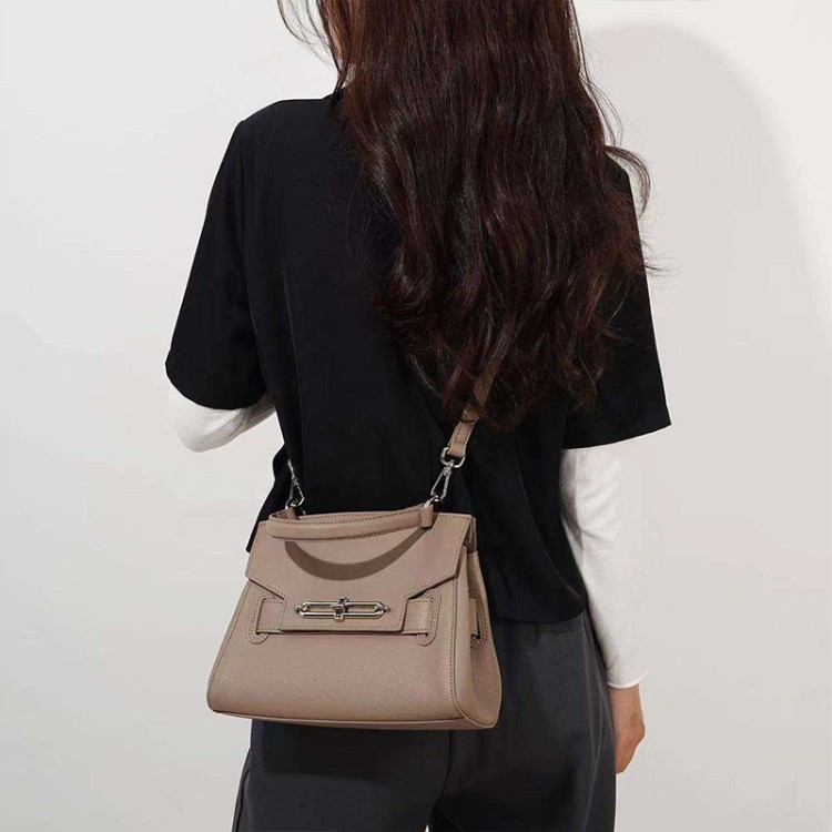 Simple genuine leather lock ladies handbag