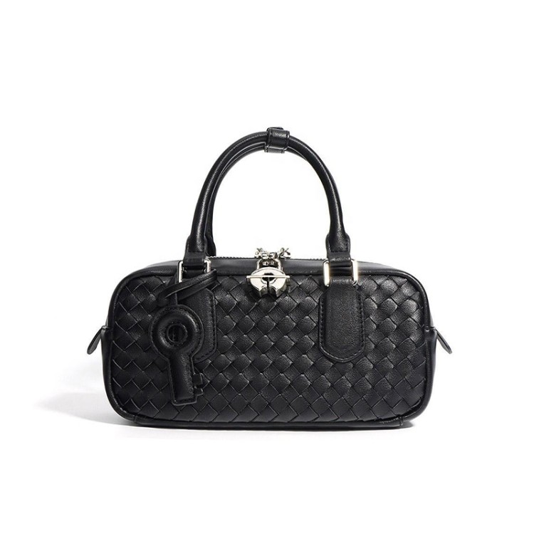 Woven leather zip lock women's handbag