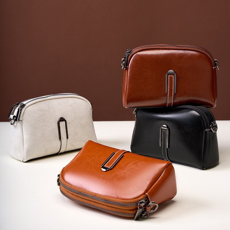 Waxed leather zipper women's shoulder bag