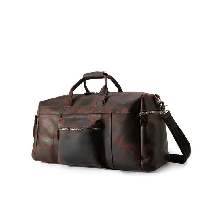 Large capacity dark brown leather travel bag