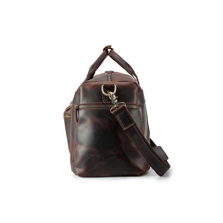 Large capacity dark brown leather travel bag